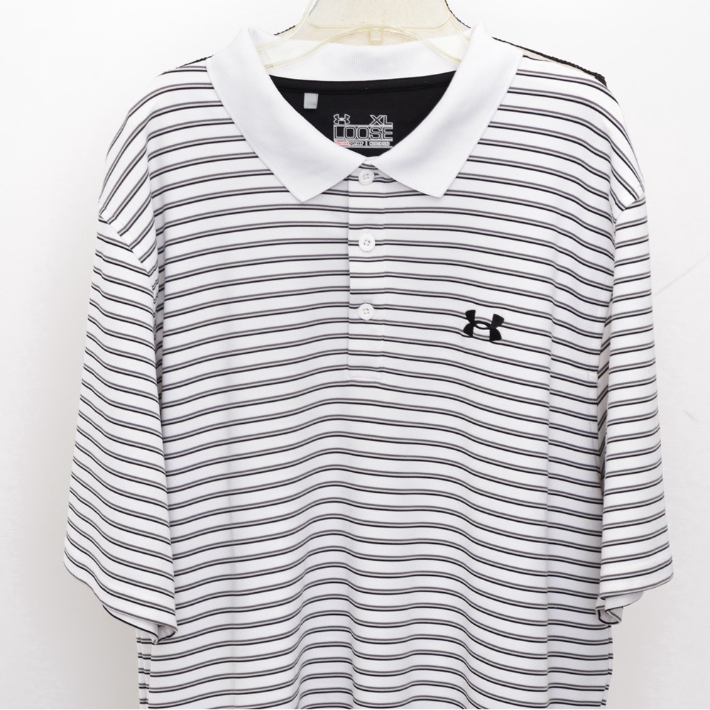 Under Armour heat gear loose fit polo style stripe shirt white, gray, & black XL - Picture 5 of 12